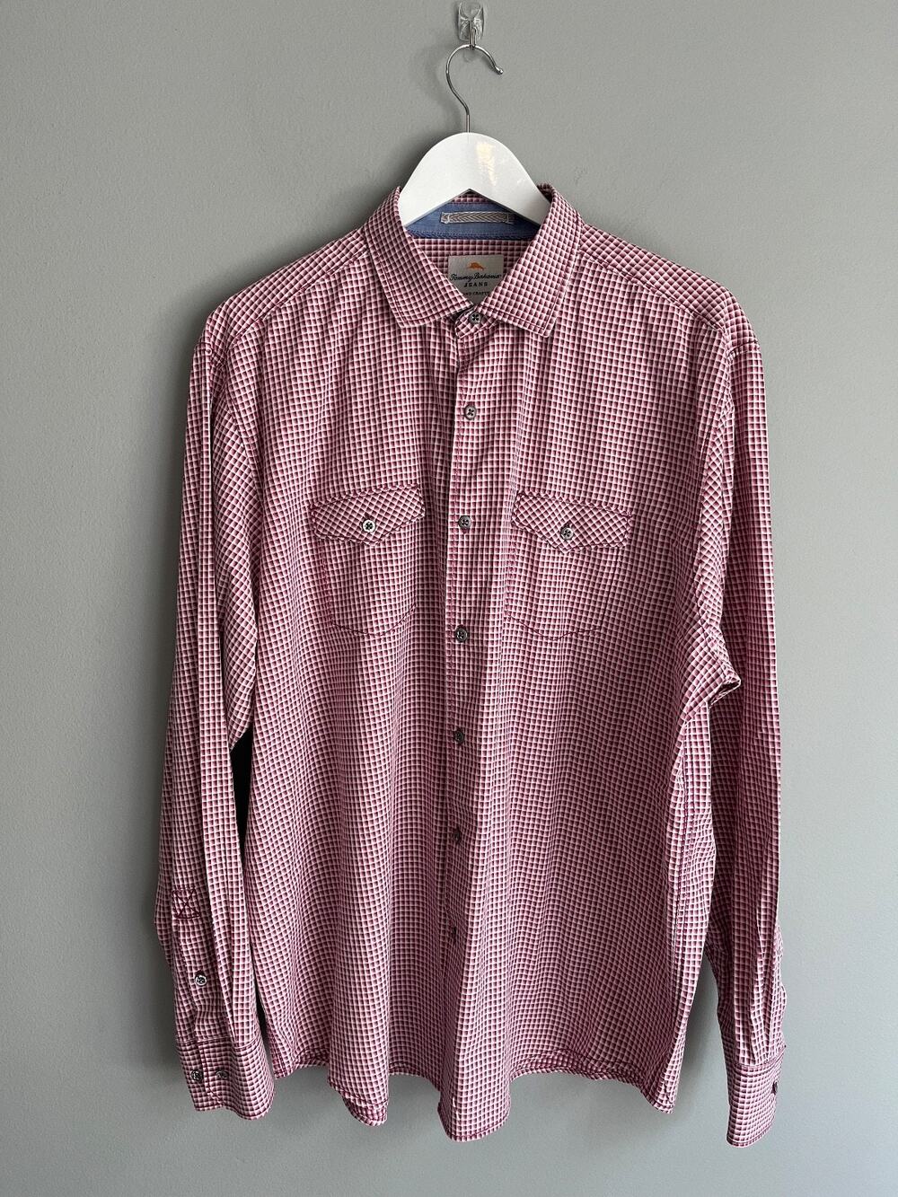 Tommy Bahama Jeans Men's XL Shirt Red White Check Long Sleeve Chest Pockets